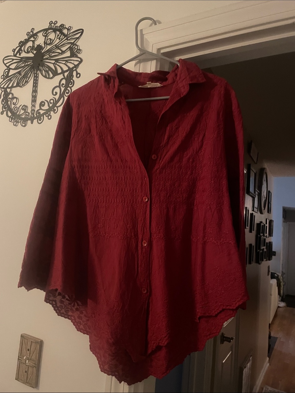 Solitaire Deep Red Button-Down Textured Blouse